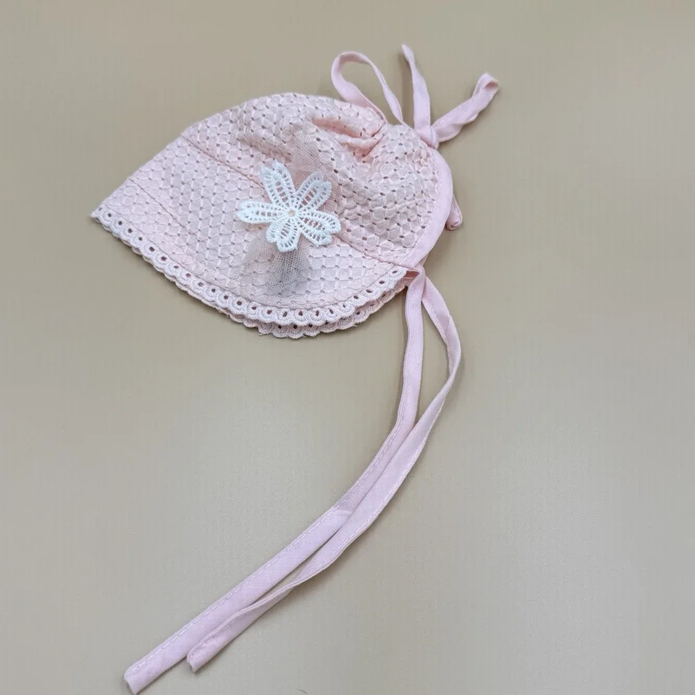 Handmade Baby Bonnet Pink Lace Flower Ribbon Prairie Cottage Coquette VTG 90s